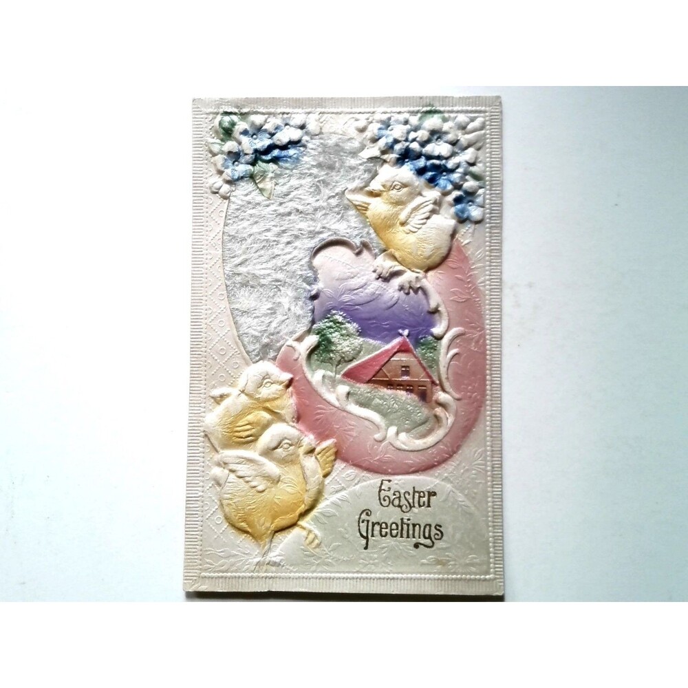 Embossed Easter Greetings Postcard Chicks Egg Landscape Made in Germany Fabric